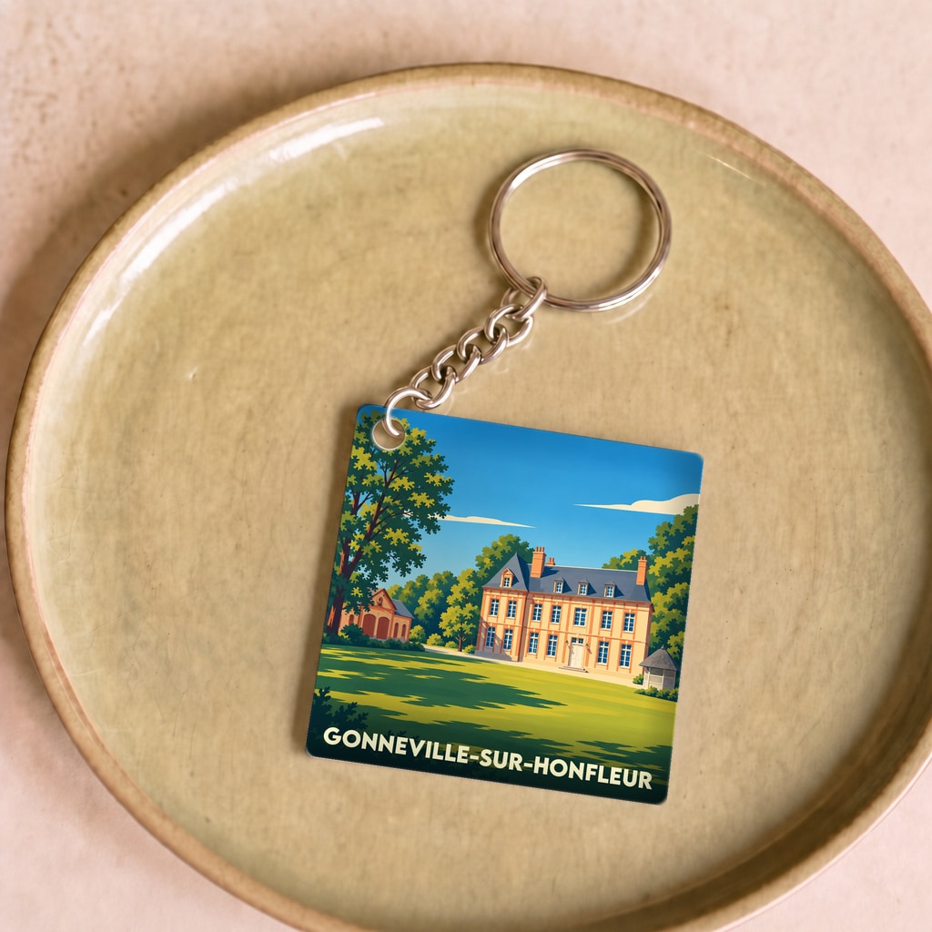 Porte-clés souvenir de Gonneville-sur-Honfleur avec une illustration colorée d'un manoir normand.
