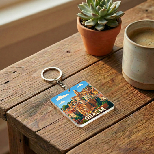 Porte-clés souvenir de la ville de Grasse avec une illustration stylisée.