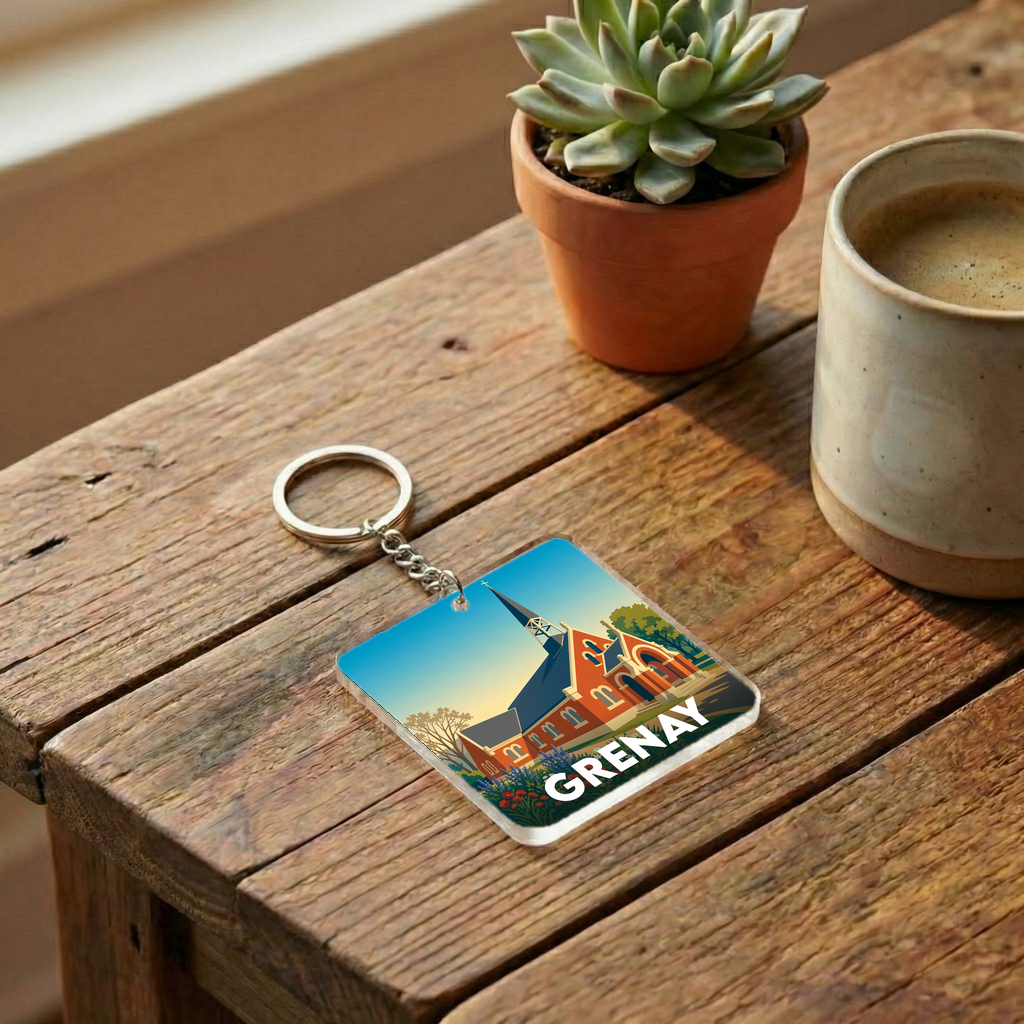 Porte-clés souvenir de la ville de Grenay avec une illustration stylisée de son église.