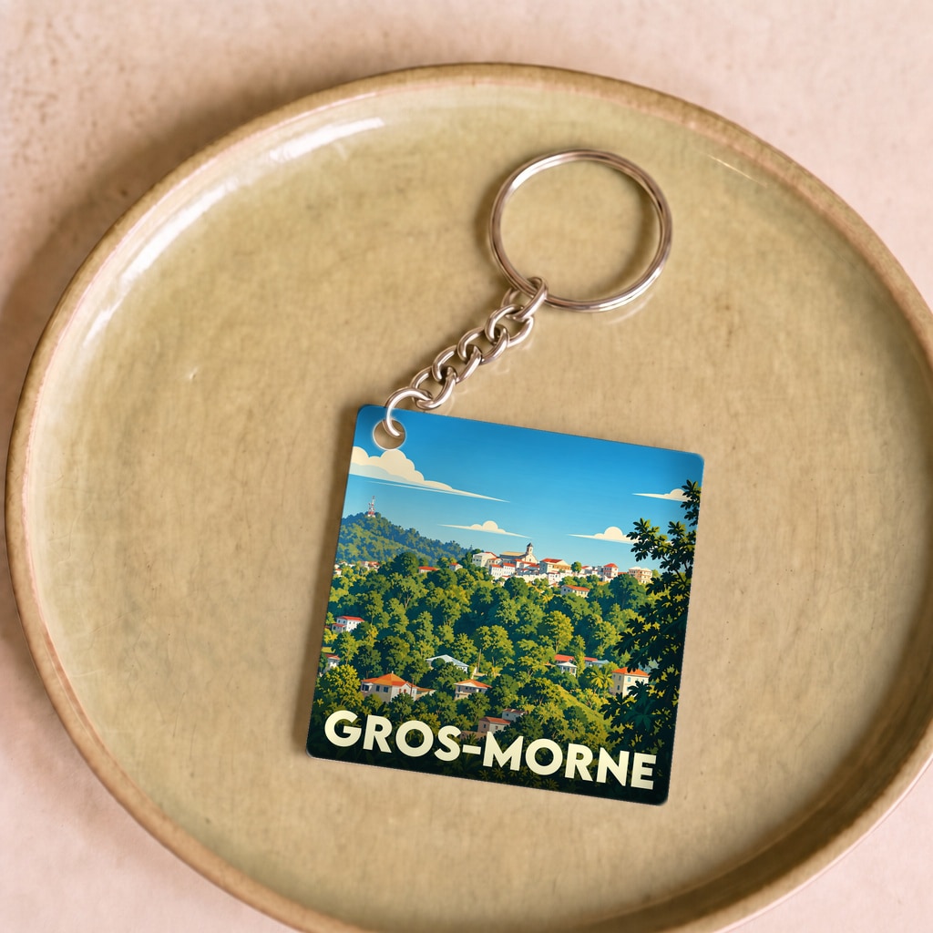 Porte-clés souvenir de la ville de Gros-Morne avec une illustration stylisée d'un paysage vallonné.
