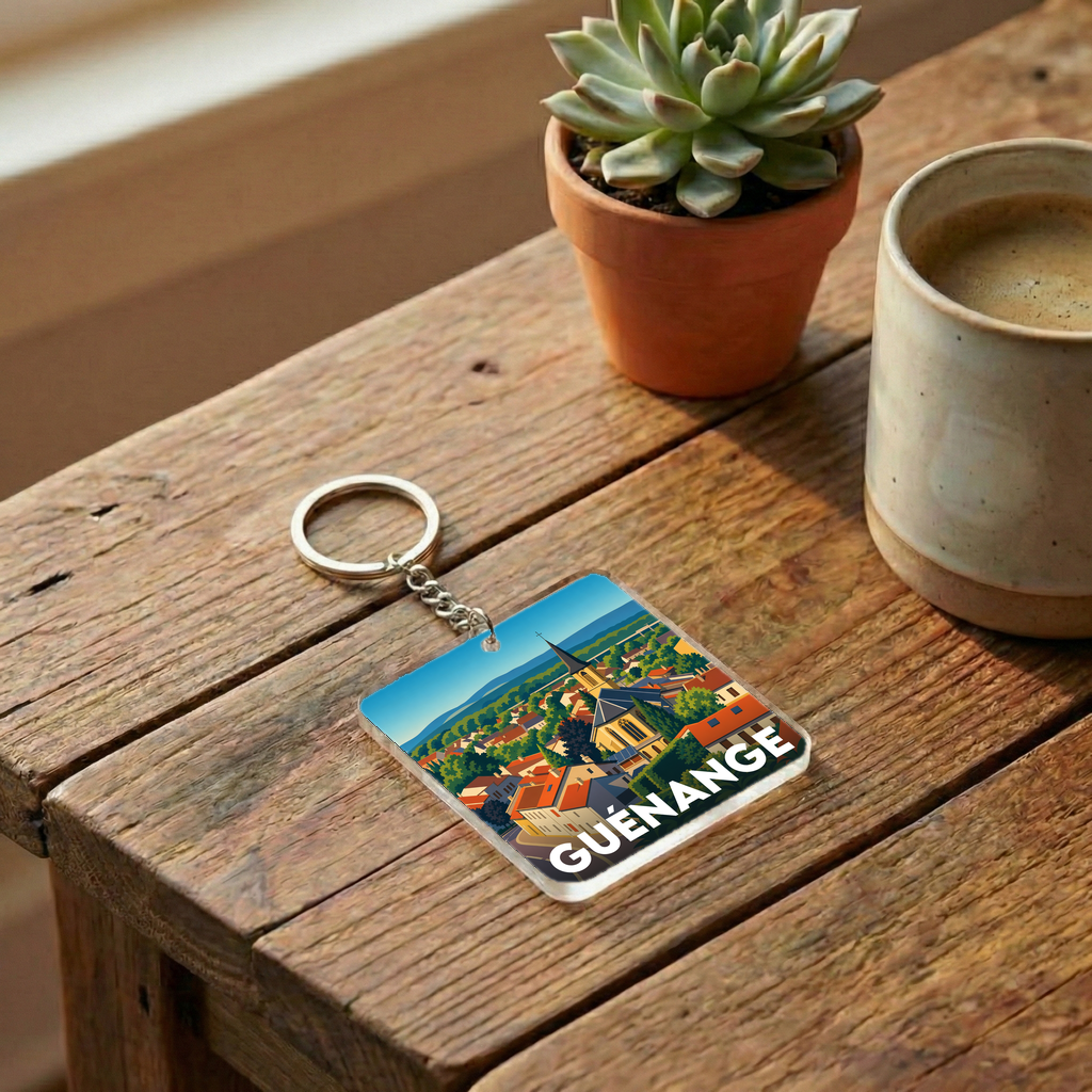 Porte-clés souvenir de la ville de Guénange avec une illustration stylisée.