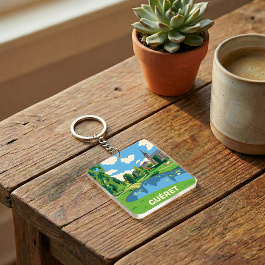 Porte-clés souvenir de la ville de Guéret avec une illustration stylisée d'un paysage local.