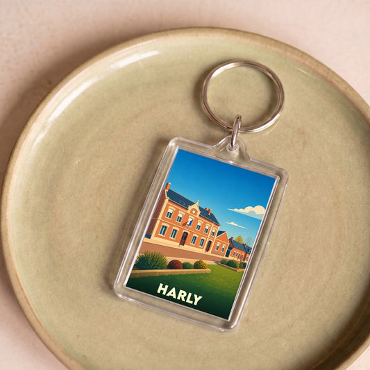 Porte-clés souvenir de la ville de Harly avec une illustration stylisée.