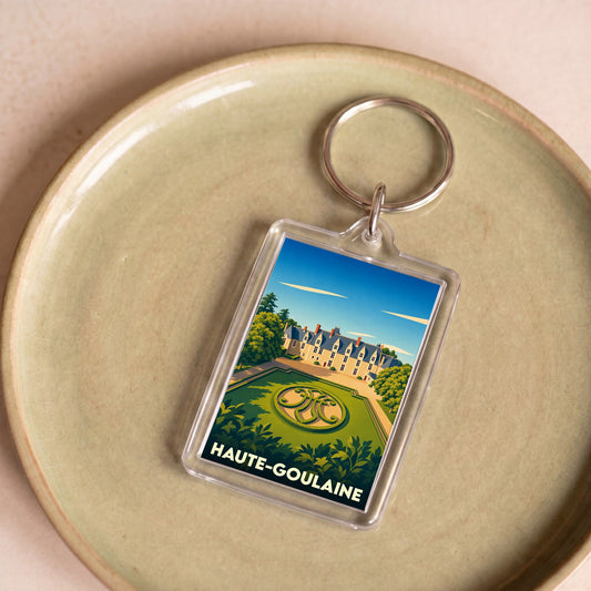 Porte-clés souvenir de la ville de Haute-Goulaine avec une illustration stylisée de son château.