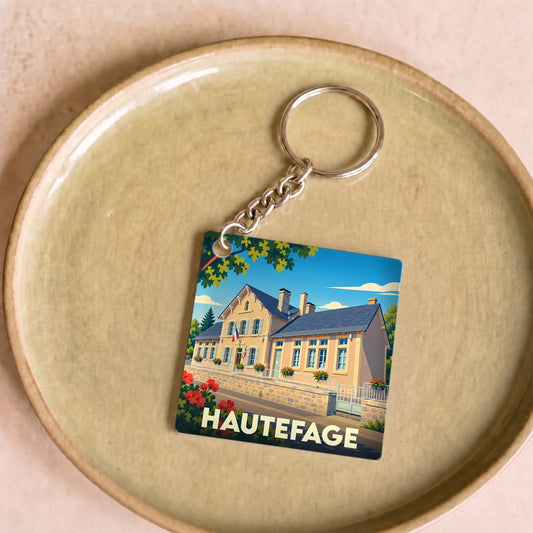 Porte-clés souvenir de la ville de Hautefage avec une illustration stylisée d'un bâtiment communal.