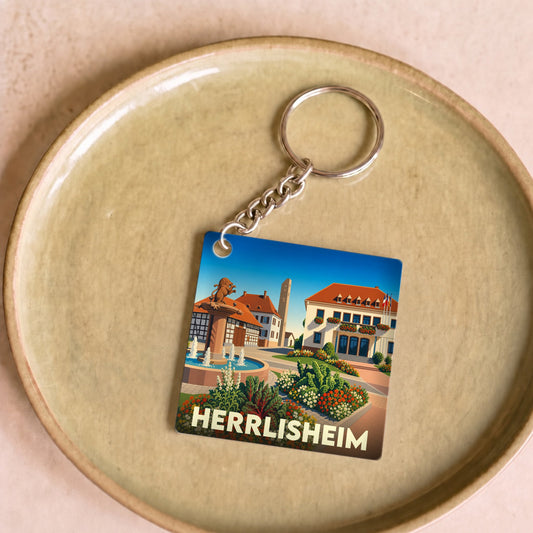 Porte-clés souvenir de la ville de Herrlisheim avec une illustration stylisée et colorée.