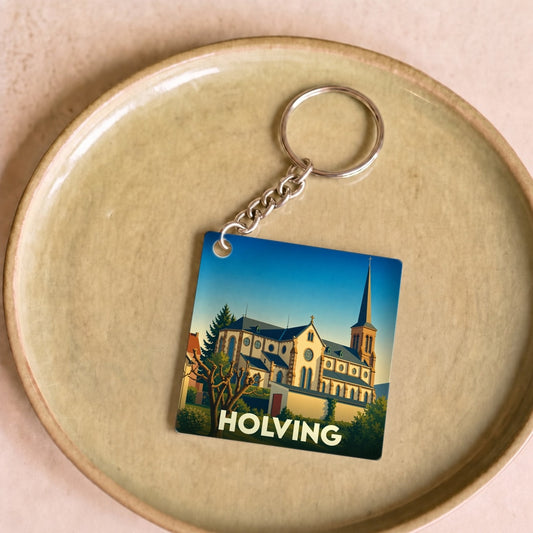 Porte-clés souvenir de la ville de Holving avec une illustration stylisée de son église.