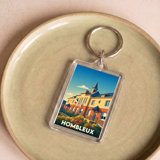Porte-clés souvenir de la ville de Hombleux avec une illustration stylisée de sa mairie.