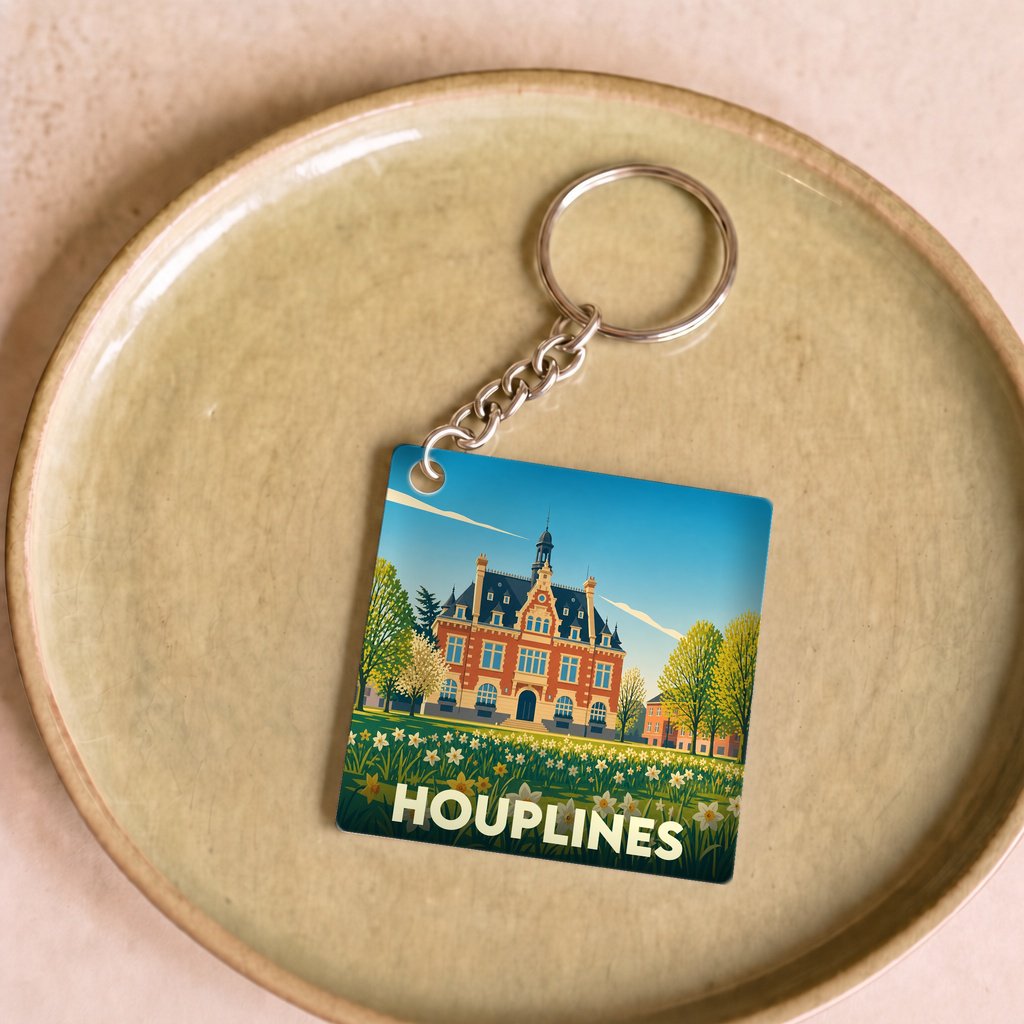 Porte-clés souvenir de la ville de Houplines avec une illustration stylisée d'un bâtiment historique.