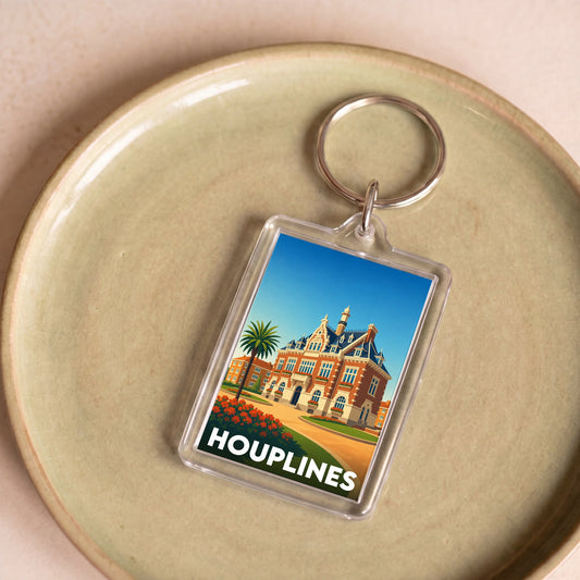 Porte-clés souvenir de la ville de Houplines avec une illustration stylisée de son hôtel de ville.