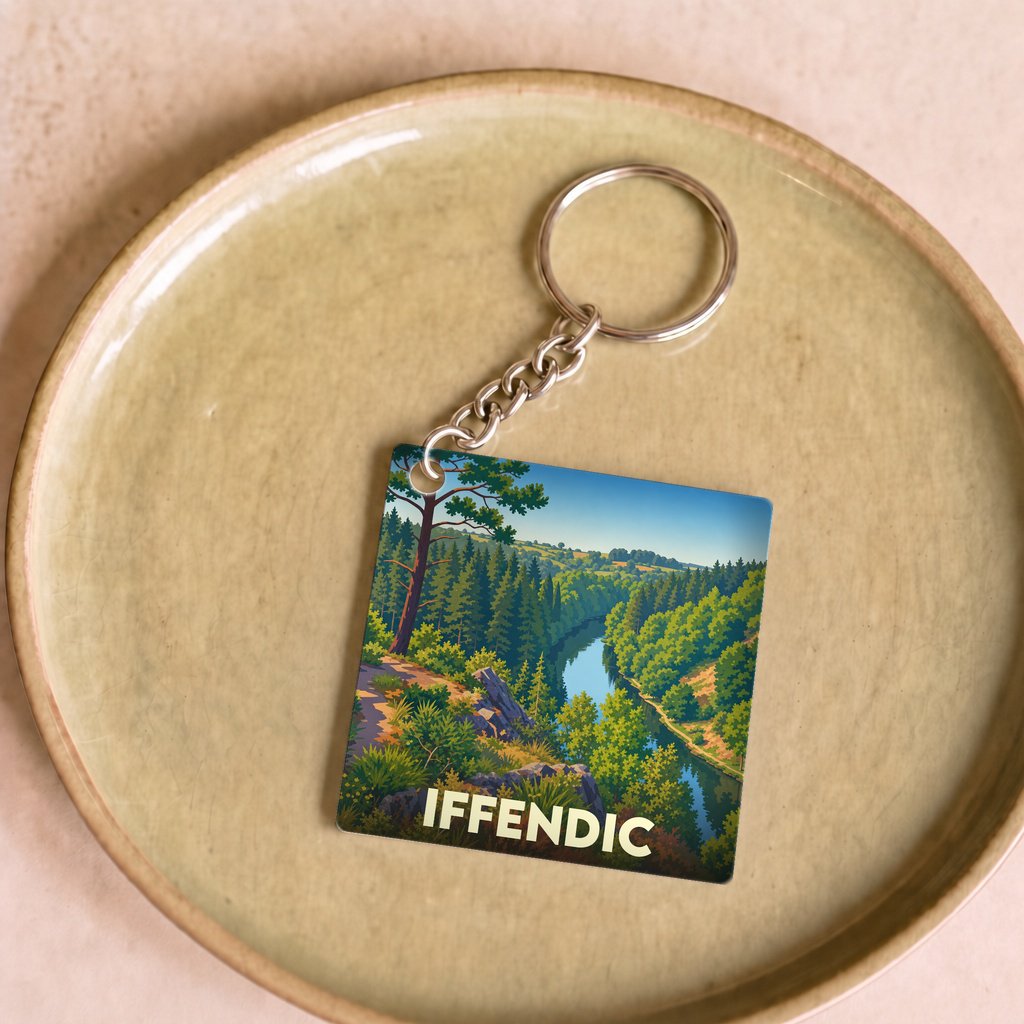 Porte-clés souvenir de la ville d'Iffendic avec une illustration stylisée de paysages naturels.