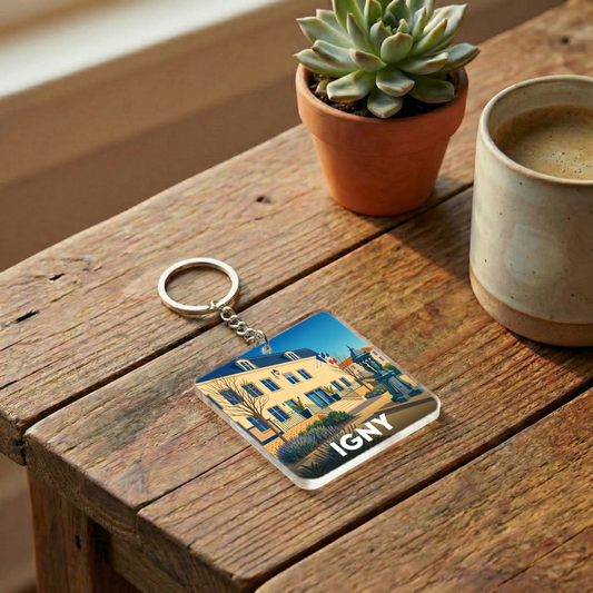 Porte-clés souvenir de la ville d'Igny avec une illustration stylisée de son hôtel de ville.
