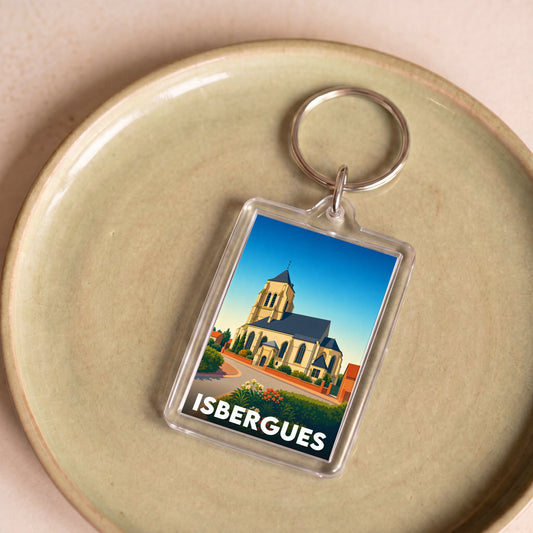 Porte-clés souvenir de la ville d'Isbergues avec une illustration stylisée de son église.