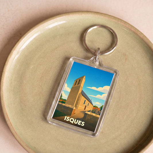 Porte-clés souvenir de la ville d'Isques avec une illustration stylisée de son église.