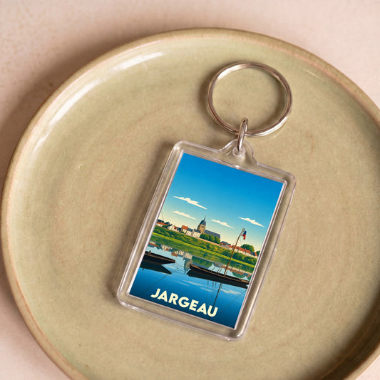 Porte-clés souvenir de la ville de Jargeau avec une illustration stylisée des bords de Loire.