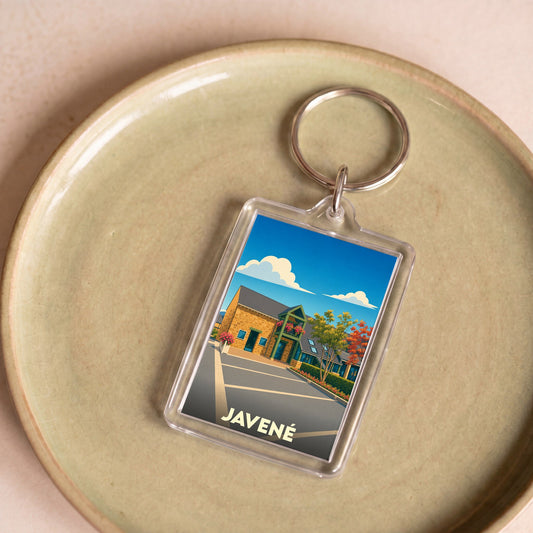 Porte-clés souvenir de la ville de Javené avec une illustration stylisée.