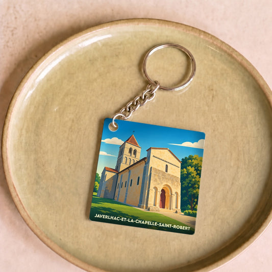 Porte-clés souvenir de la ville de Javerlhac-et-la-Chapelle-Saint-Robert avec une illustration stylisée de son église.