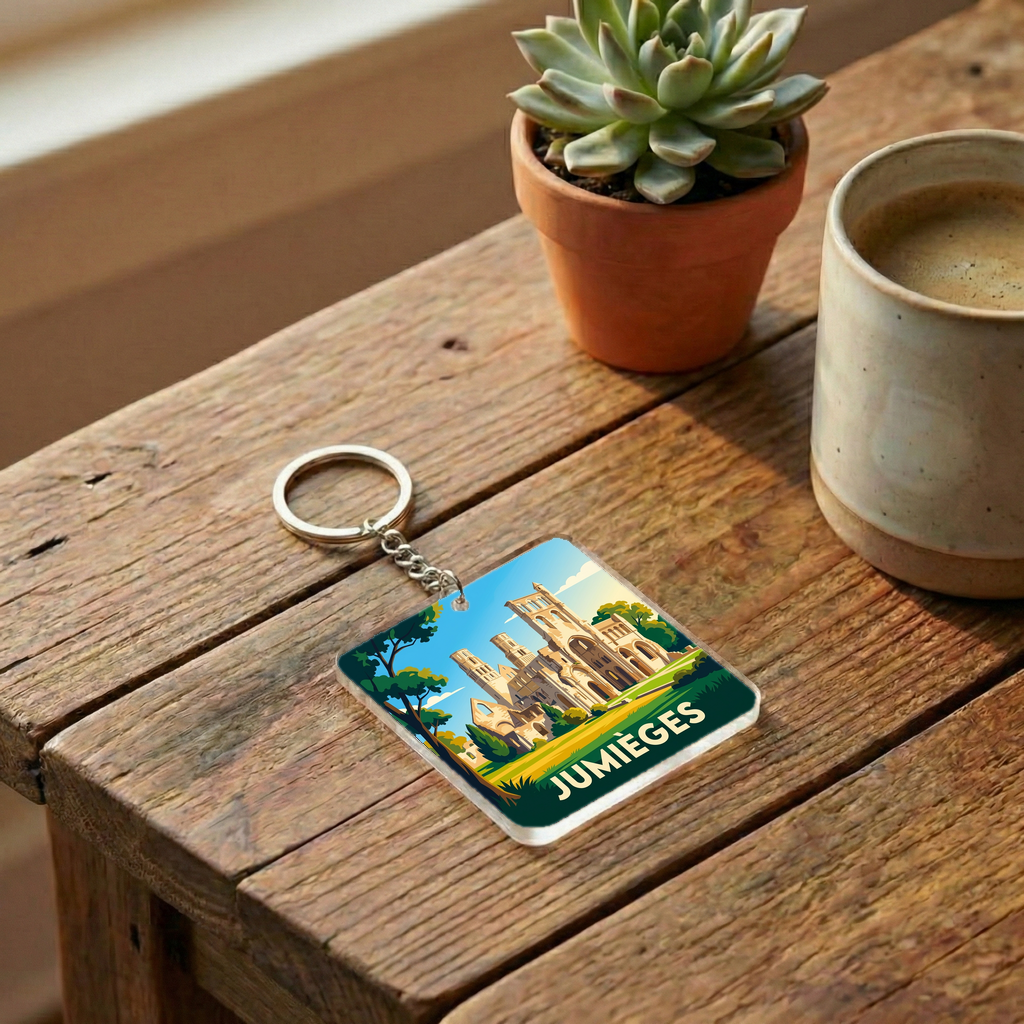 Porte-clés souvenir de la ville de Jumièges avec une illustration stylisée de son abbaye.