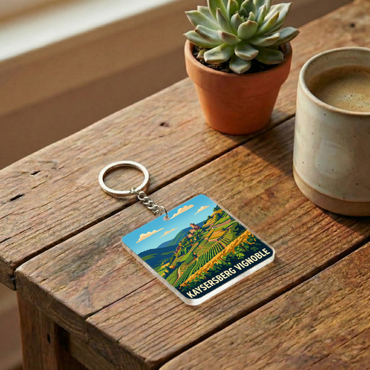Porte-clés souvenir de la ville de Kaysersberg Vignoble avec une illustration stylisée de son paysage.