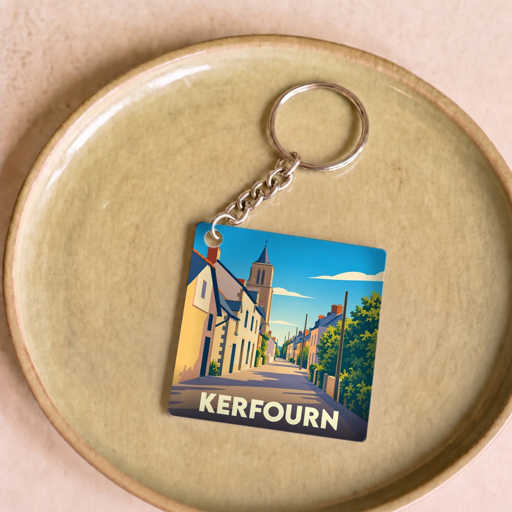 Porte-clés souvenir de la ville de Kerfourn avec une illustration stylisée.