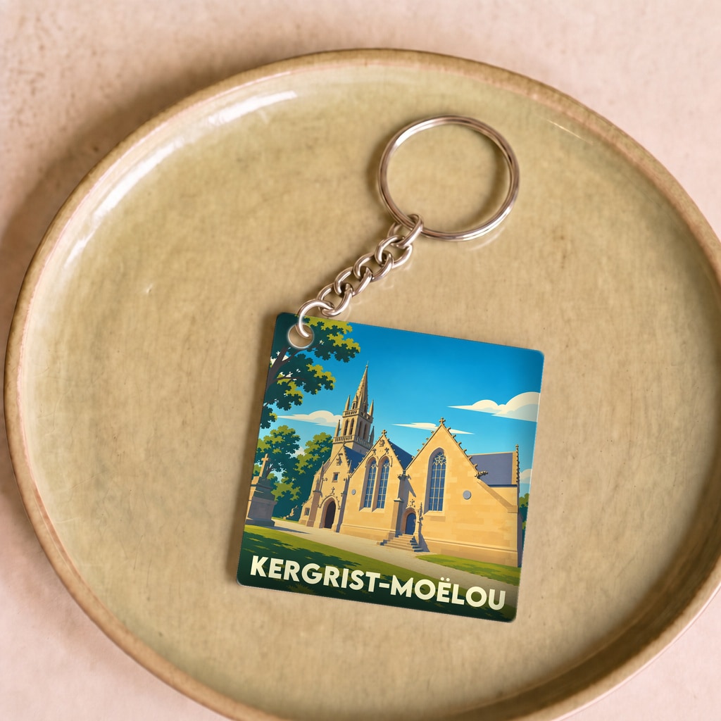 Porte-clés souvenir de la ville de Kergrist-Moëlou avec une illustration stylisée de son église.