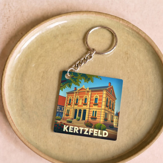 Porte-clés souvenir de la ville de Kertzfeld avec une illustration stylisée d'un bâtiment historique.