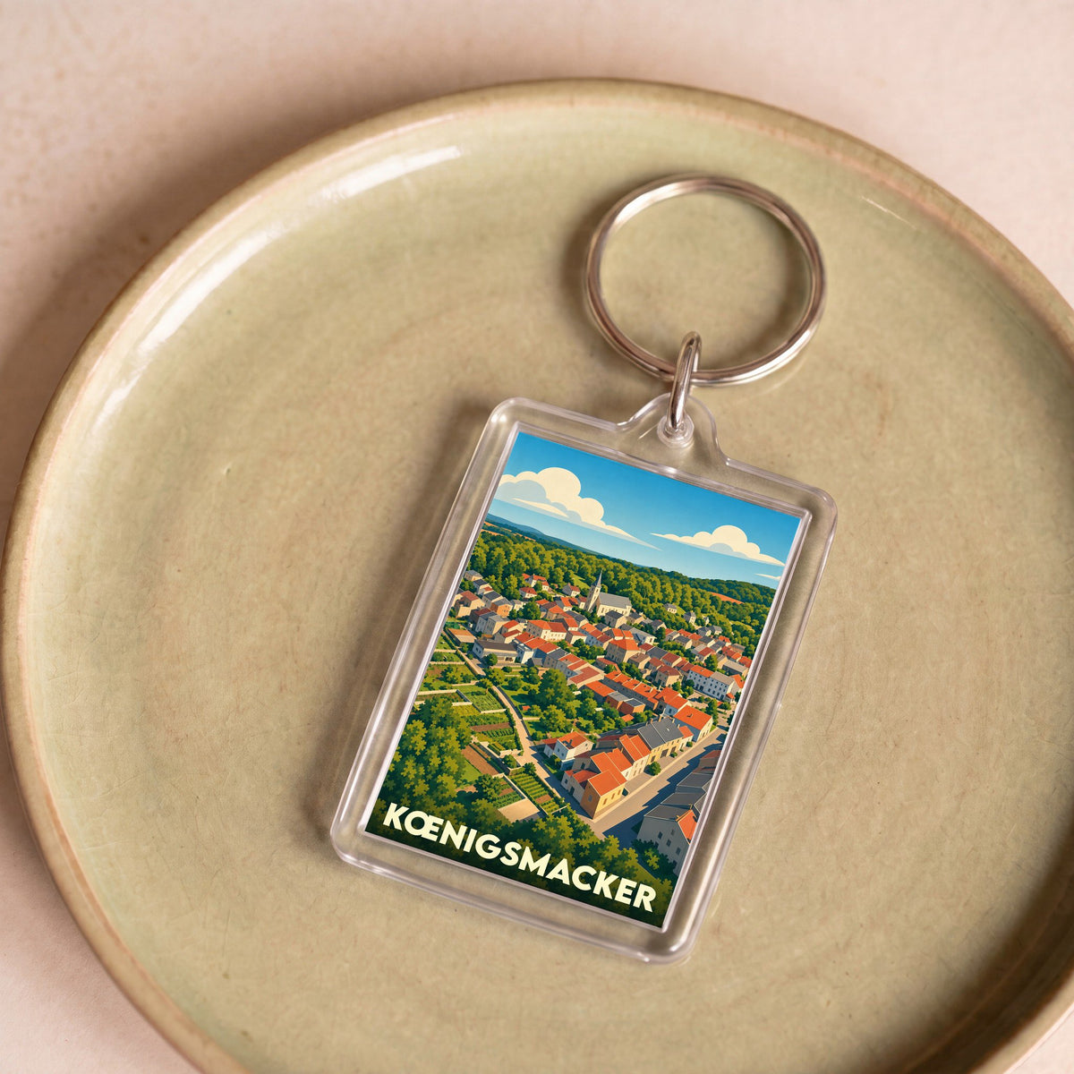 Porte-clés souvenir de la ville de Kœnigsmacker avec une illustration stylisée.