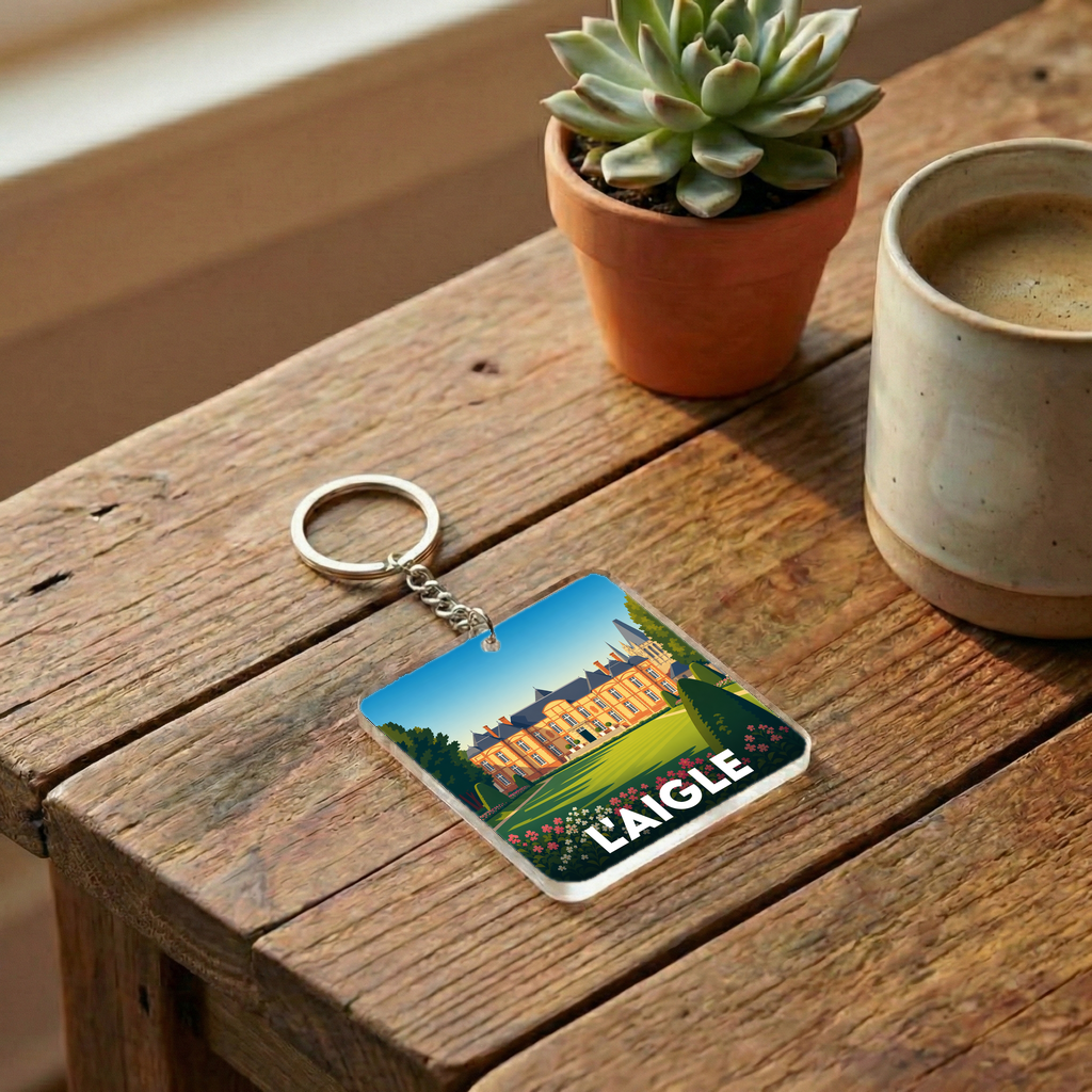 Porte-clés souvenir de la ville de L'Aigle avec une illustration stylisée du château.