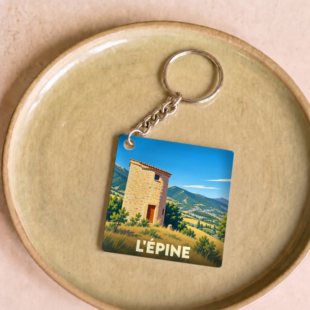Porte-clés souvenir de la ville de L'Épine avec une illustration stylisée de paysage montagneux.