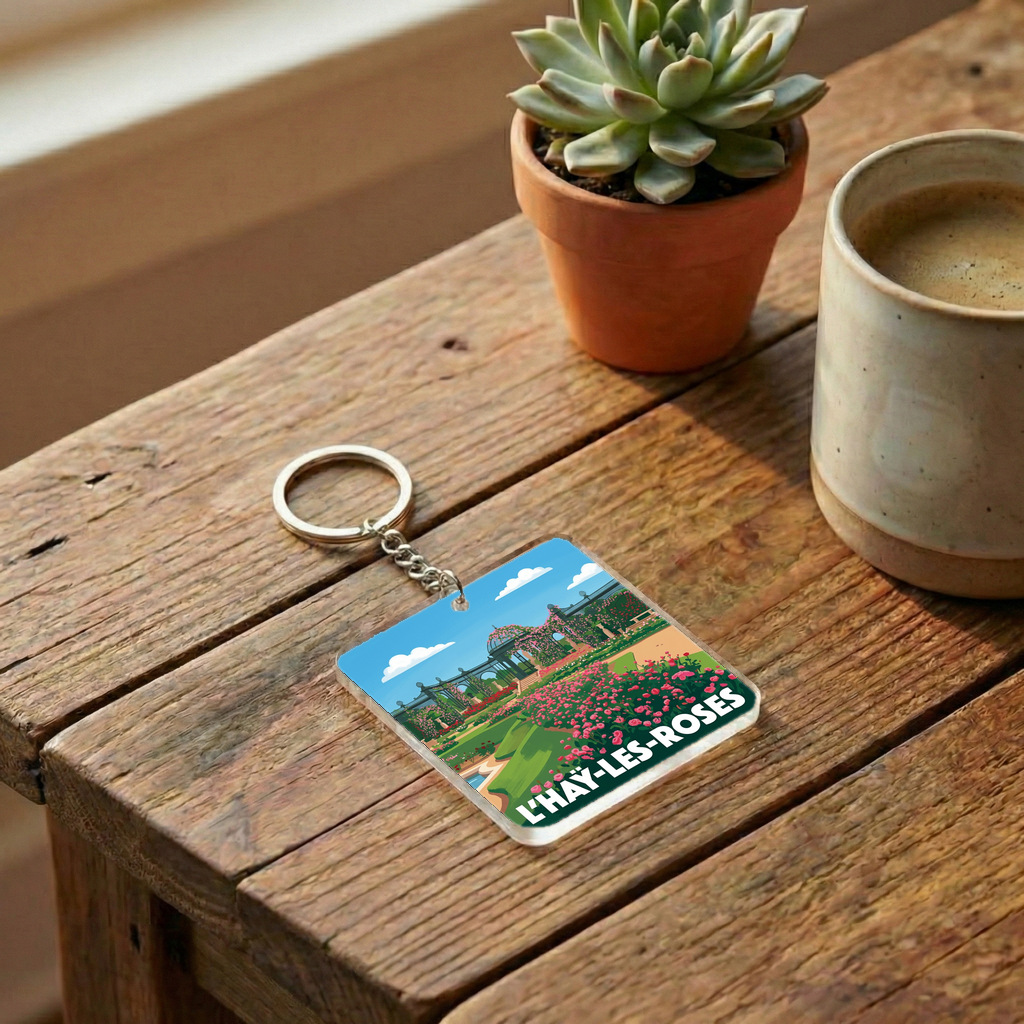 Porte-clés souvenir de la ville de L'Haÿ-les-Roses avec une illustration stylisée de sa célèbre roseraie.