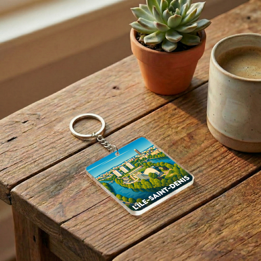 Porte-clés souvenir de la ville de L'Île-Saint-Denis avec une illustration stylisée.