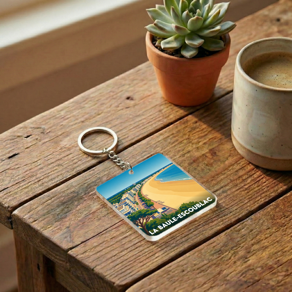 Porte-clés souvenir de la ville de La Baule-Escoublac avec une illustration stylisée.