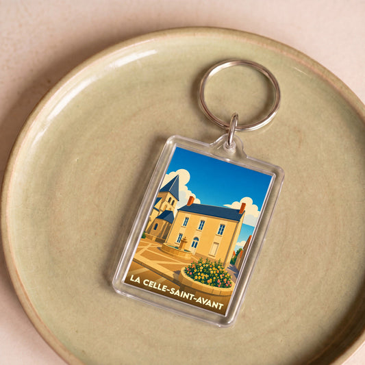 Porte-clés souvenir de la ville de La Celle-Saint-Avant avec une illustration stylisée.