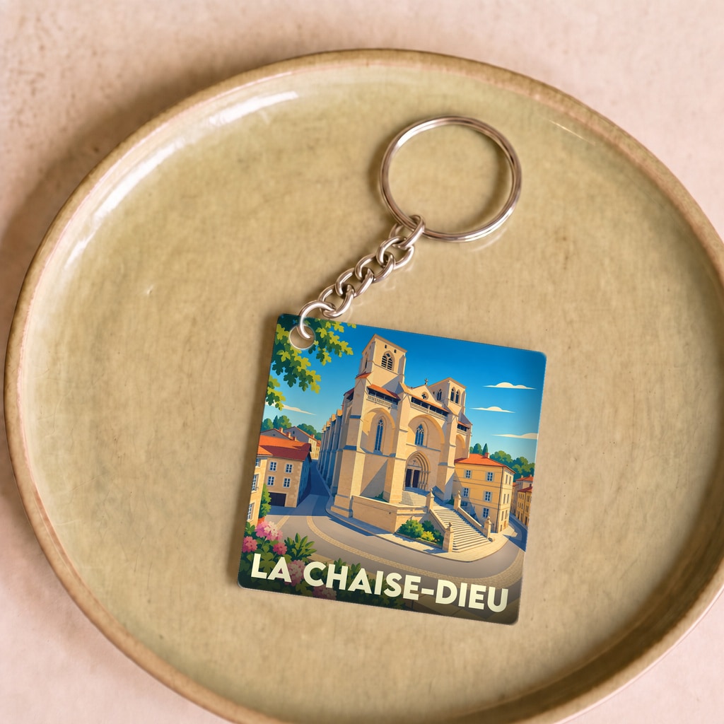 Porte-clés souvenir de la ville de La Chaise-Dieu avec une illustration stylisée de son abbaye.