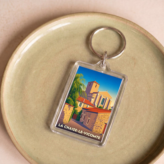 Porte-clés souvenir de la ville de La Chaize-le-Vicomte avec une illustration stylisée.