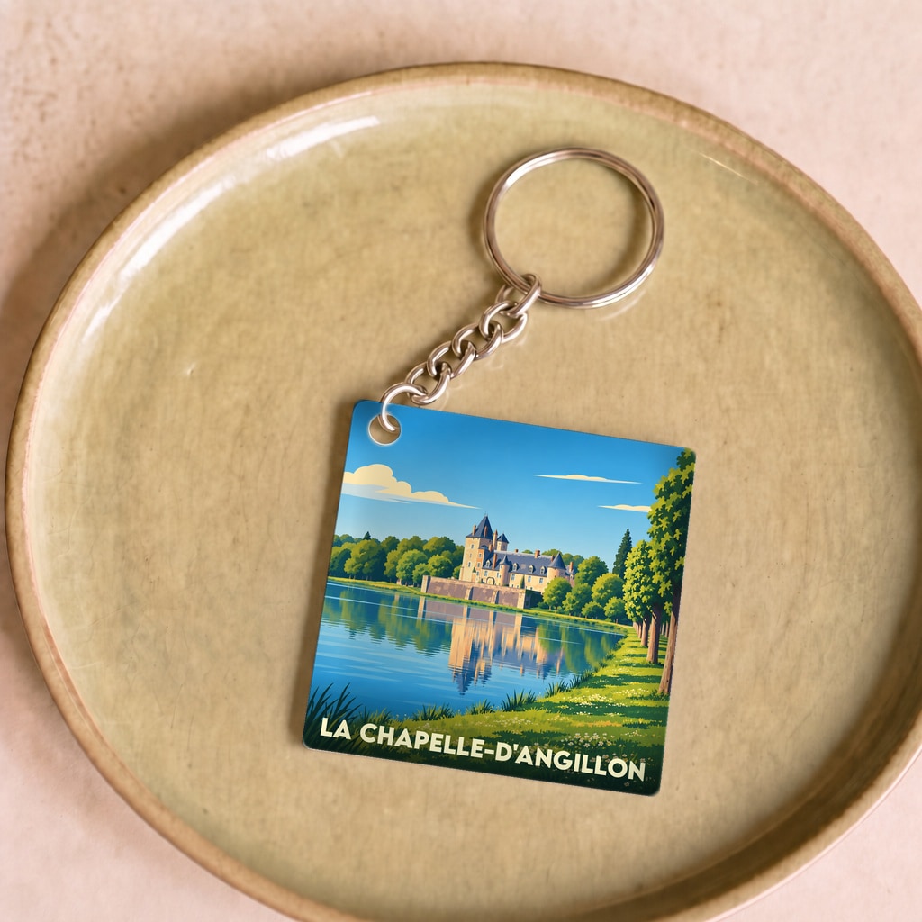 Porte-clés souvenir de la ville de La Chapelle-d'Angillon avec une illustration stylisée de son château.