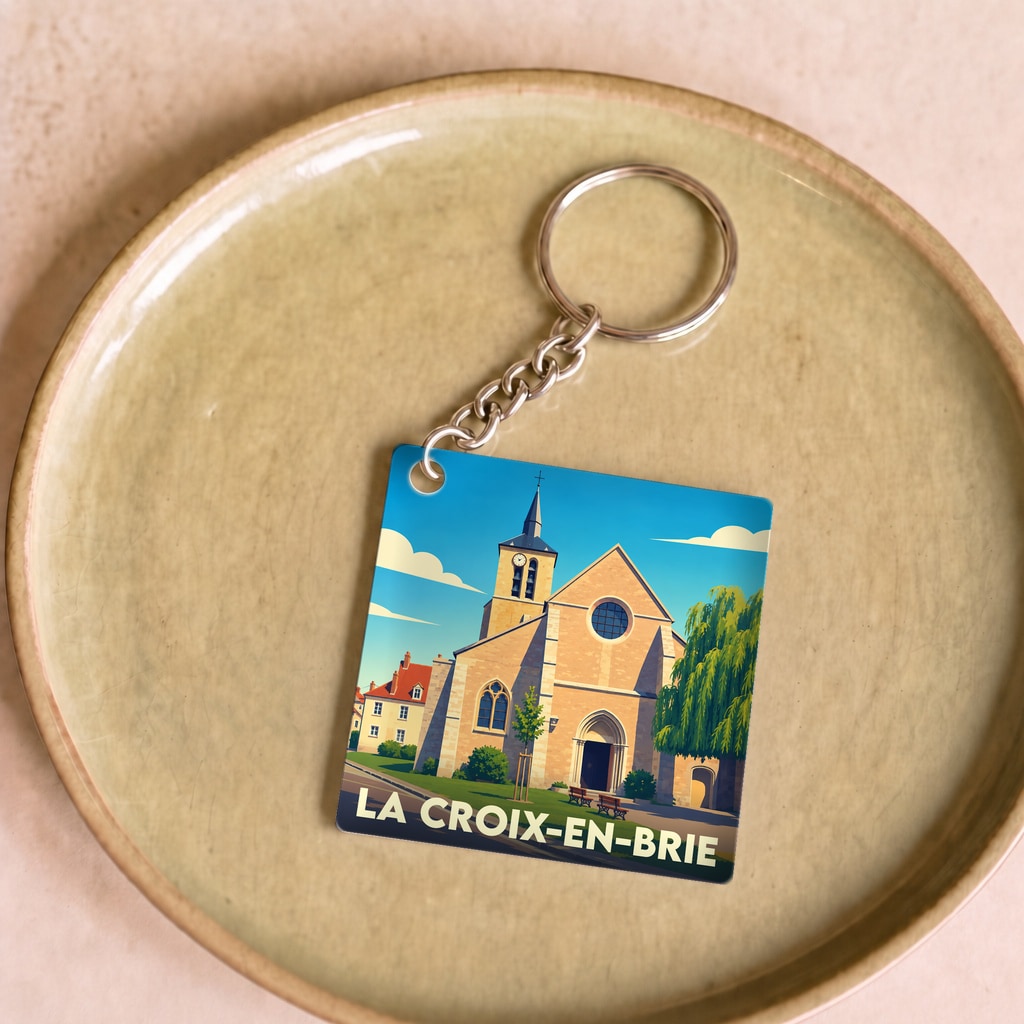 Porte-clés souvenir de la ville de La Croix-en-Brie avec une illustration stylisée de son église.