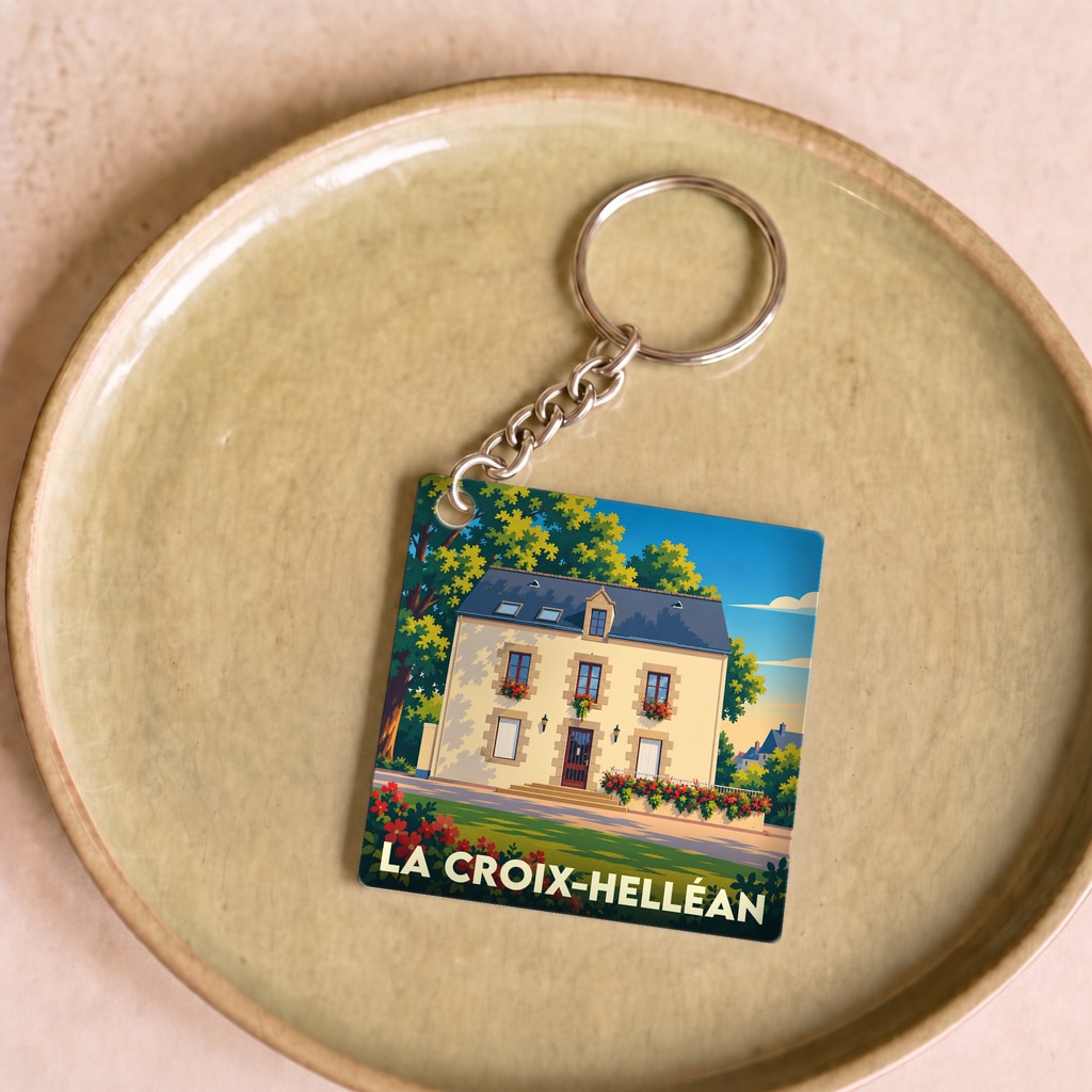 Porte-clés souvenir de la ville de La Croix-Helléan avec une illustration stylisée d'une maison traditionnelle.