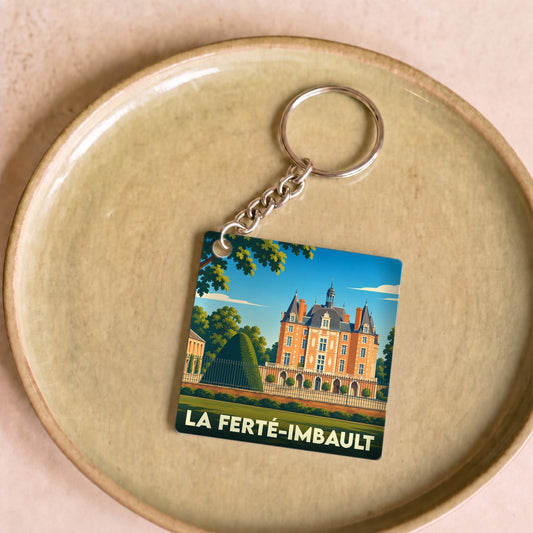 Porte-clés souvenir de la ville de La Ferté-Imbault avec une illustration stylisée du château local.