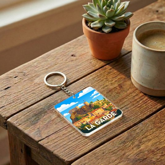 Porte-clés souvenir de la ville de La Garde avec une illustration stylisée.