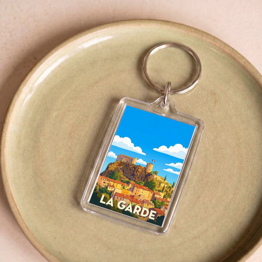 Porte-clés souvenir de la ville de La Garde avec une illustration stylisée.