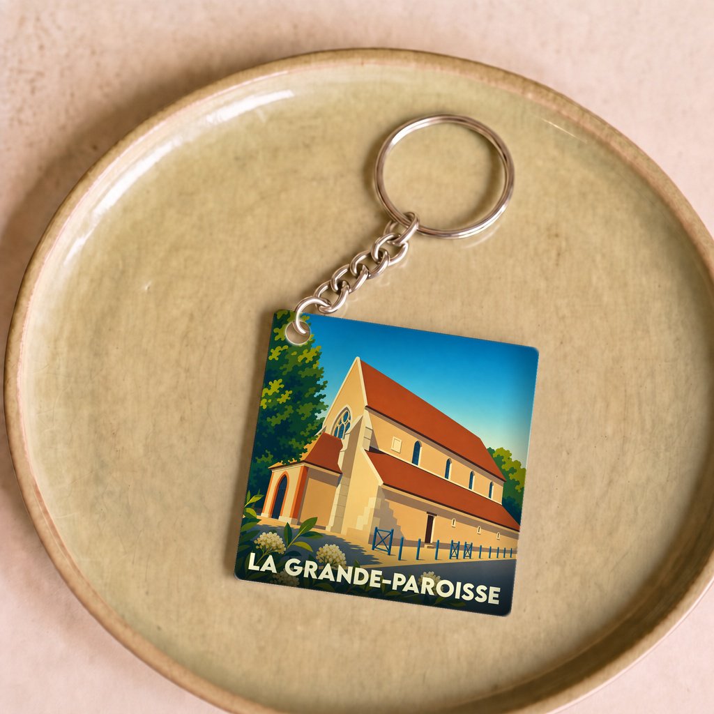 Porte-clés souvenir de la ville de La Grande-Paroisse avec une illustration stylisée de son église.