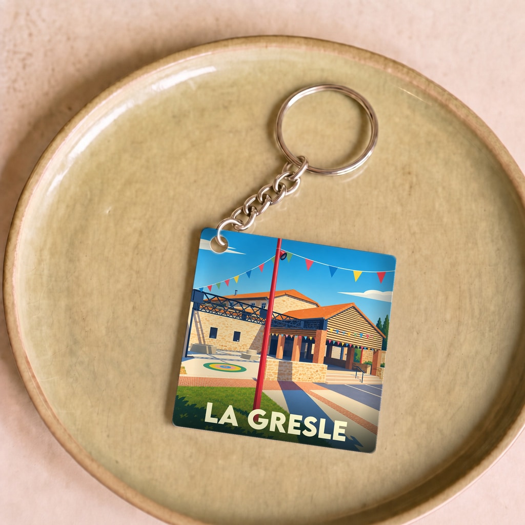 Porte-clés souvenir de la ville de La Gresle avec une illustration stylisée et colorée.