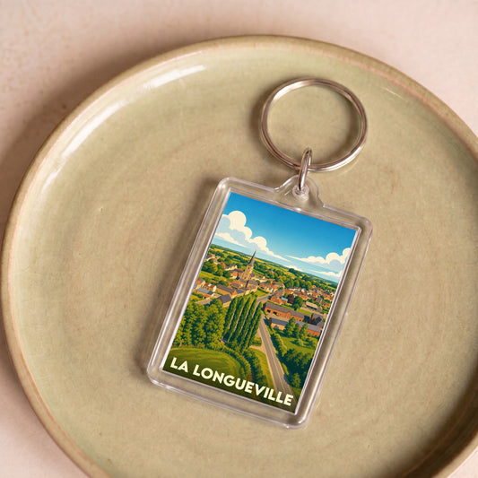 Porte-clés souvenir de la ville de La Longueville avec une illustration stylisée.