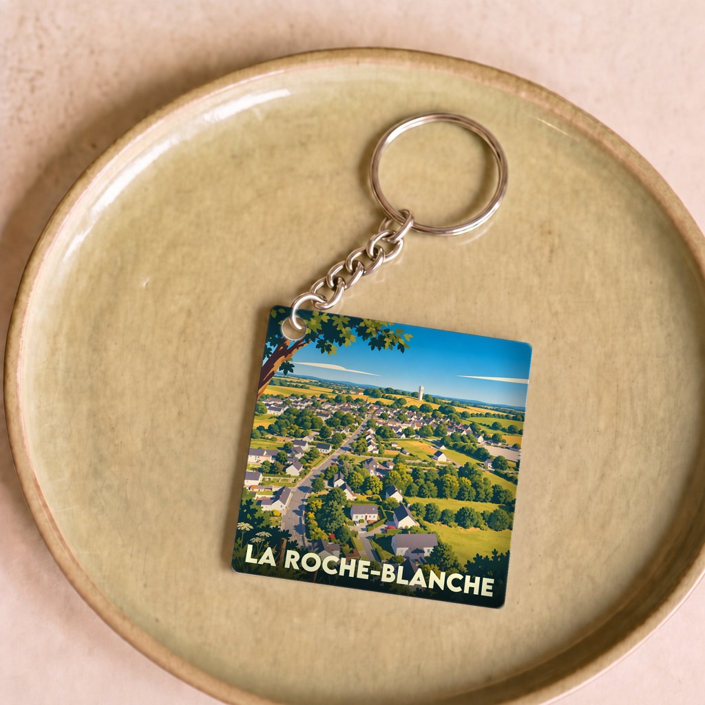 Porte-clés souvenir de la ville de La Roche-Blanche avec une illustration stylisée.