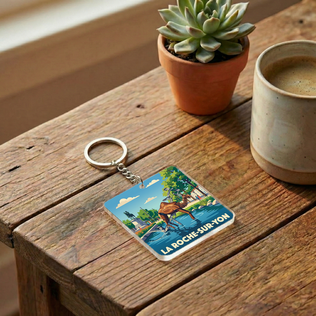 Porte-clés souvenir de la ville de La Roche-sur-Yon avec une illustration stylisée.