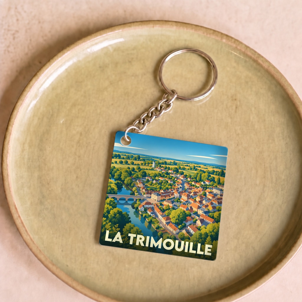 Porte-clés souvenir de la ville de La Trimouille avec une illustration stylisée.