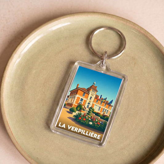 Porte-clés souvenir de la ville de La Verpillière avec une illustration stylisée de sa mairie.