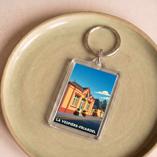 Porte-clés souvenir de la ville de La Vespière-Friardel avec une illustration stylisée.