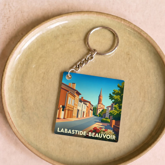 Porte-clés souvenir de la ville de Labastide-Beauvoir avec une illustration stylisée.